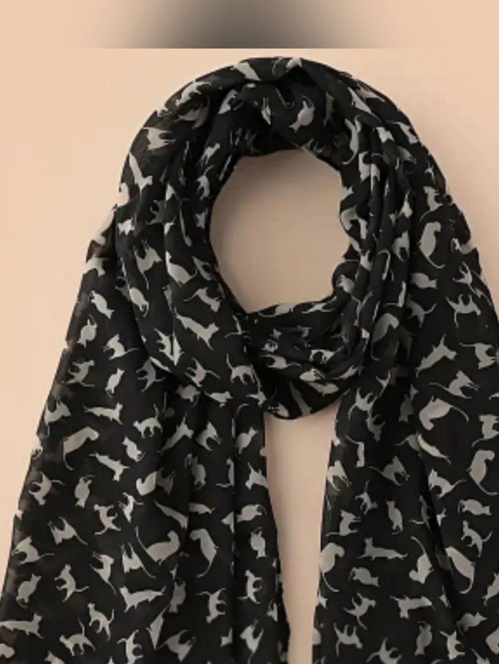 Black Scarf with Cat Silhouette Print